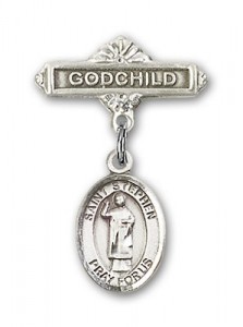 Pin Badge with St. Stephen the Martyr Charm and Godchild Badge Pin [BLBP0992]