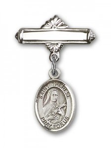 Pin Badge with St. Therese of Lisieux Charm and Polished Engravable Badge Pin [BLBP1351]