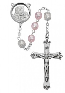 Rhodium Plated Pink and White Rosary [MVRB1048]