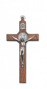 St. Benedict Wall Cross 6.5 inch Silver Tone Walnut Stained Wood [CRX3206]