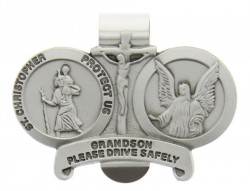 St. Christopher &amp; Guardian Angel Protect My Grandson Visor Clip, Pewter - 2 1/2“W [AU1030]