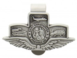 St. Christopher with Wings Land-Air-Sea Visor Clip, Pewter - 2 5/8“W [AU0034]