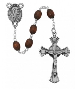 Sterling Silver Men's Classic Brown Oval Wood Bead Rosary [MVRB1055]