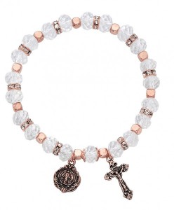 Women's Stretch Bracelet with Crystal and Copper Beads Cross and Mary Charms [MCBR0043]